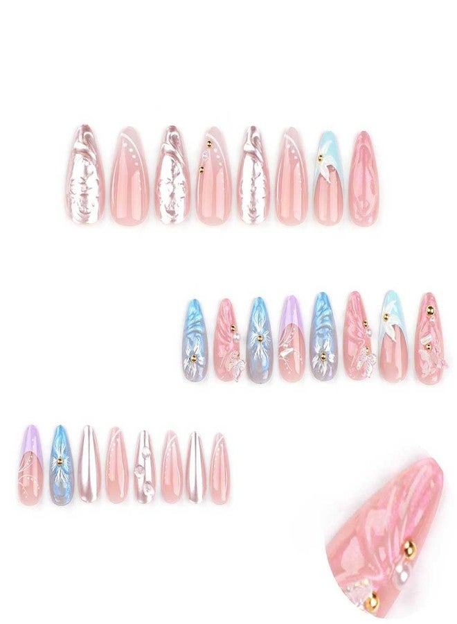 Foccna French Press on Nails Long Pearl Pink Fake Nails Almond Glossy 3D False Nail Tips Artificial Nails Finger Manicure for Women and Girls 24pcs - Image 2